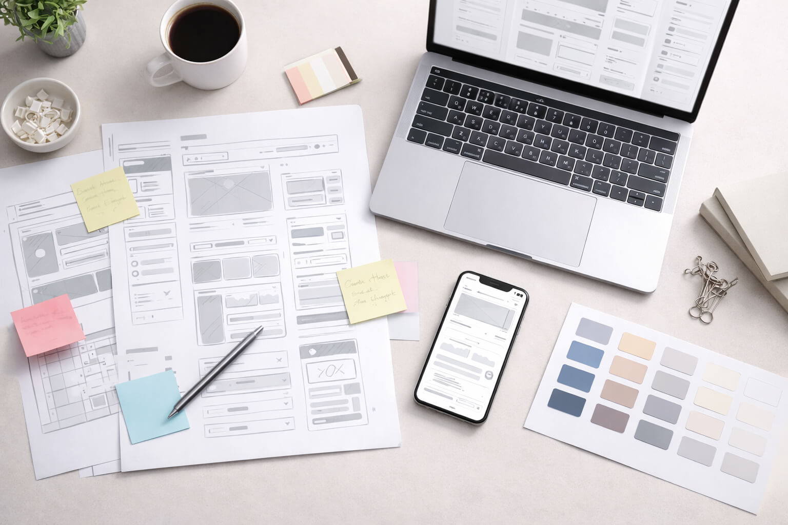 UI UX design app deliverables with wireframes, notes, and grayscale screens