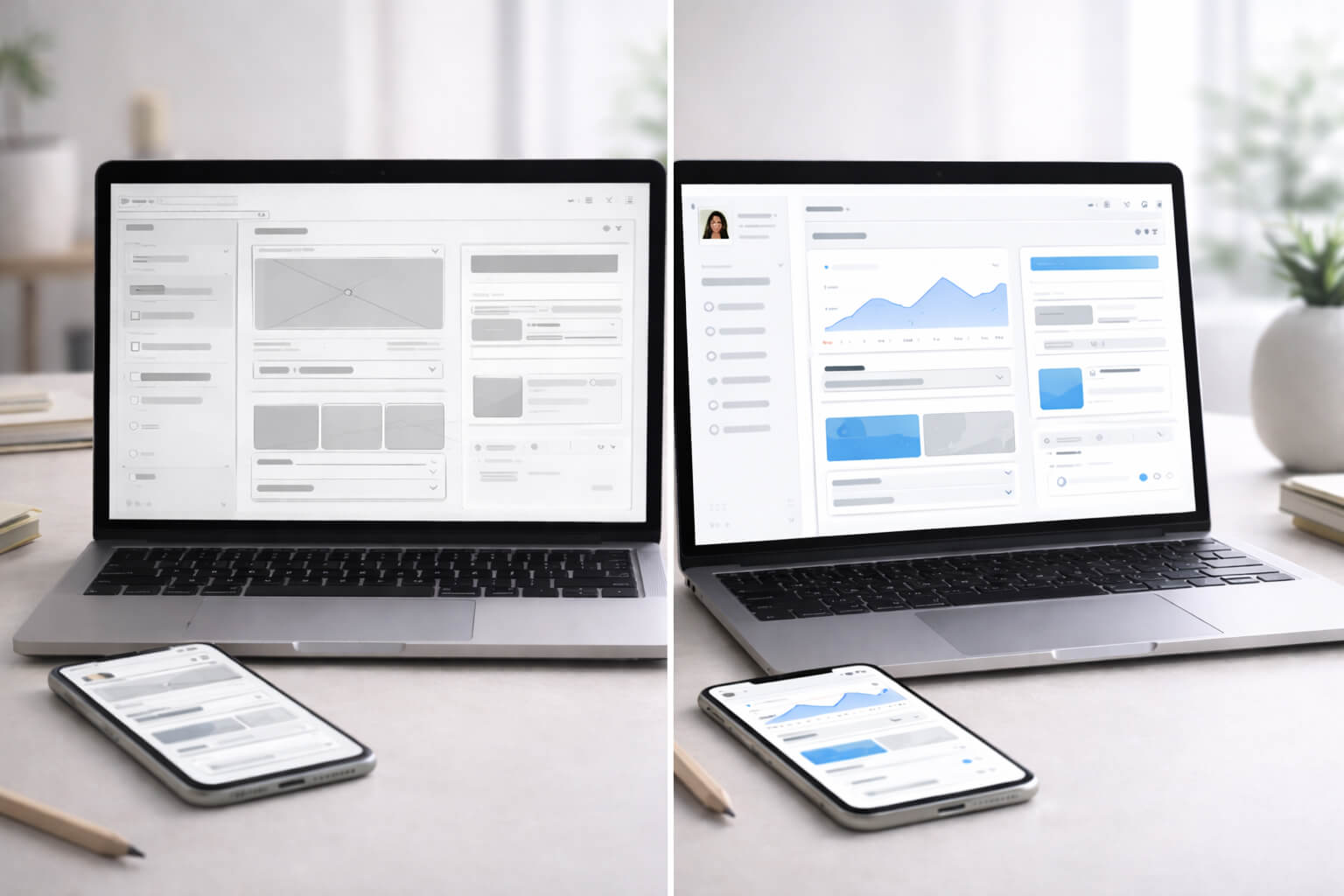 UI UX design app wireframe compared with final polished UI